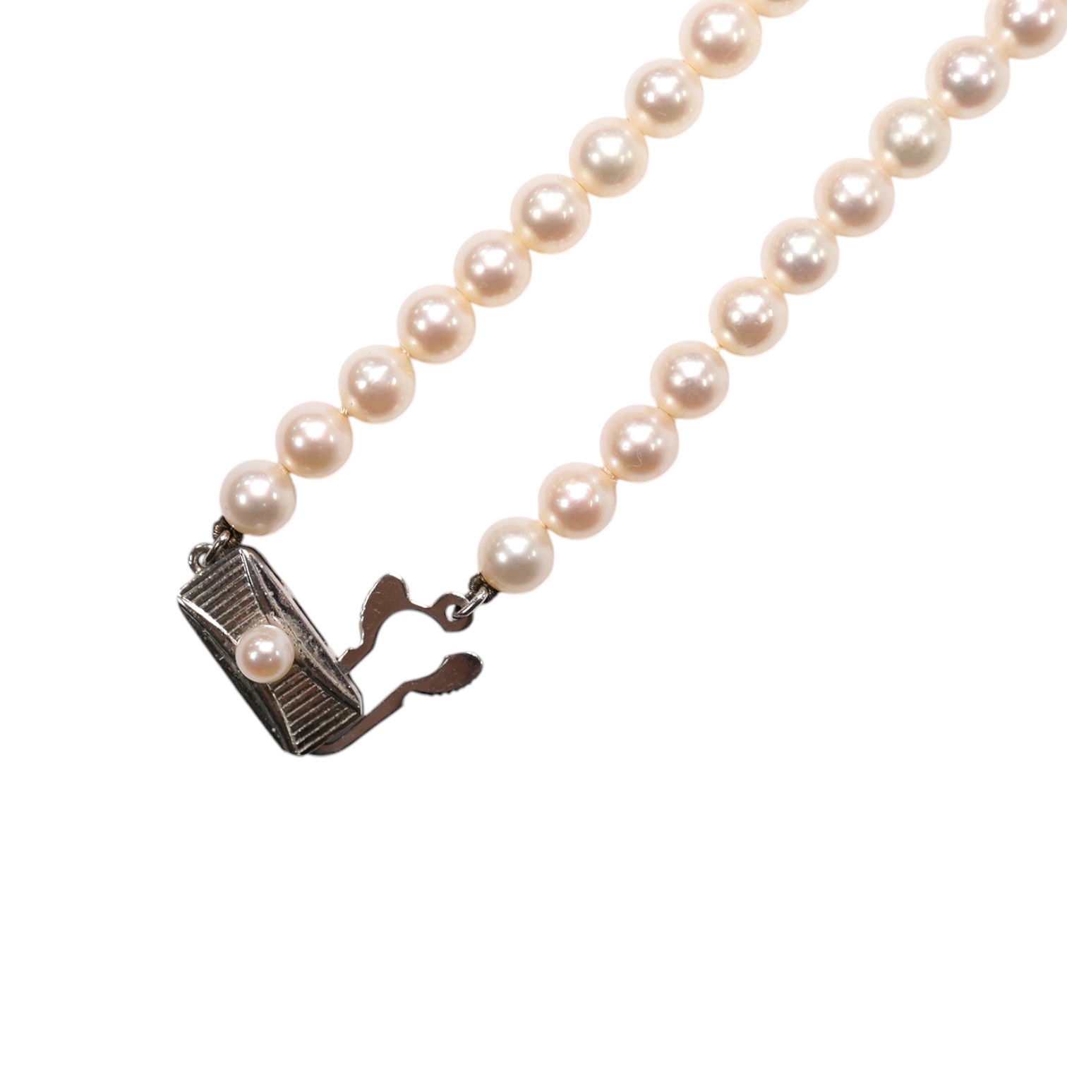 A Mikimoto single strand cultured pearl necklace, 36cm, with Mikimoto pouch. Condition - fair to good